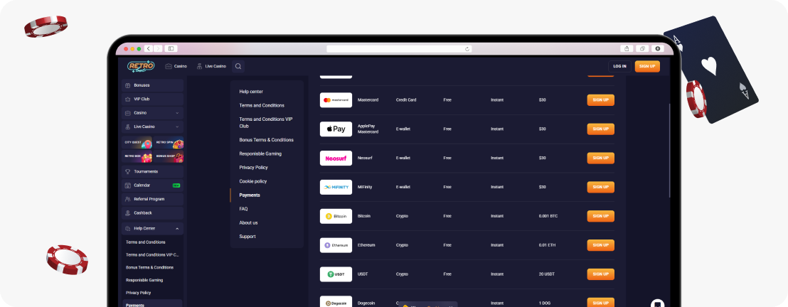 RetroBet deposit methods
