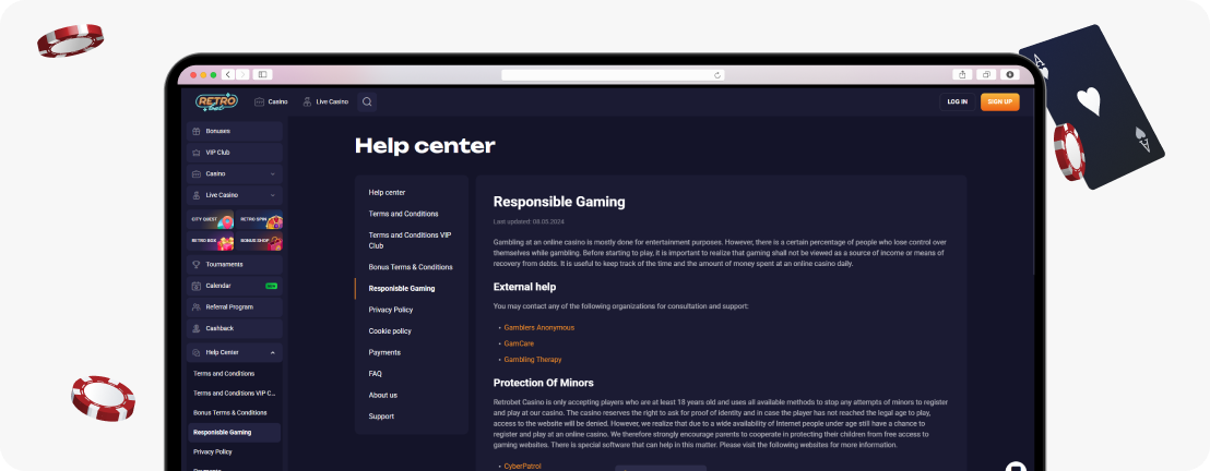 RetroBet responsible gaming page