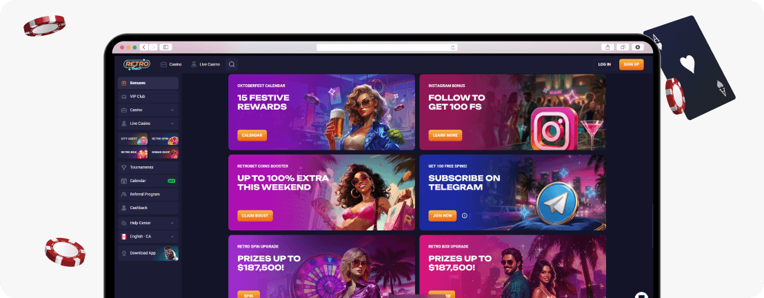 RetroBet Telegram and Instagram free spins cards