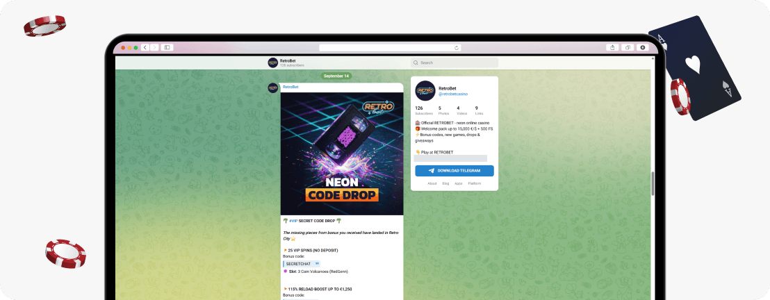 RetroBet Telegram post, 25 no-deposit VIP spins code