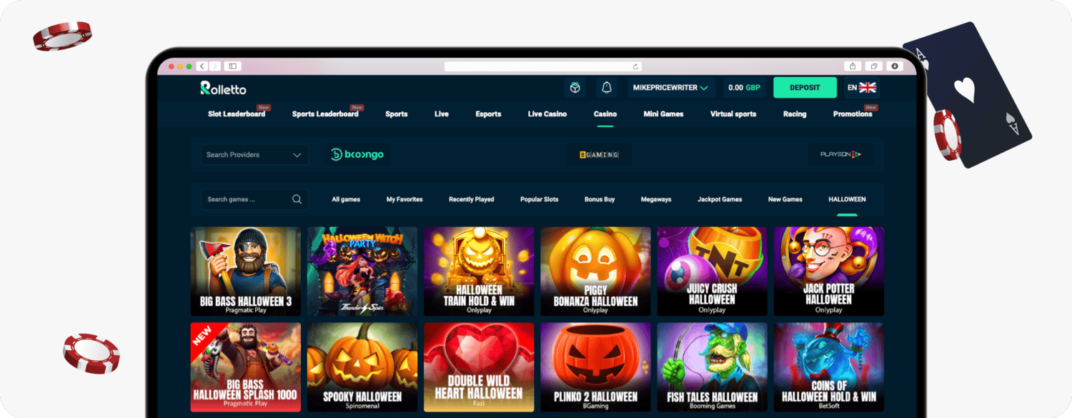 screenshot of rolletto halloween casino games