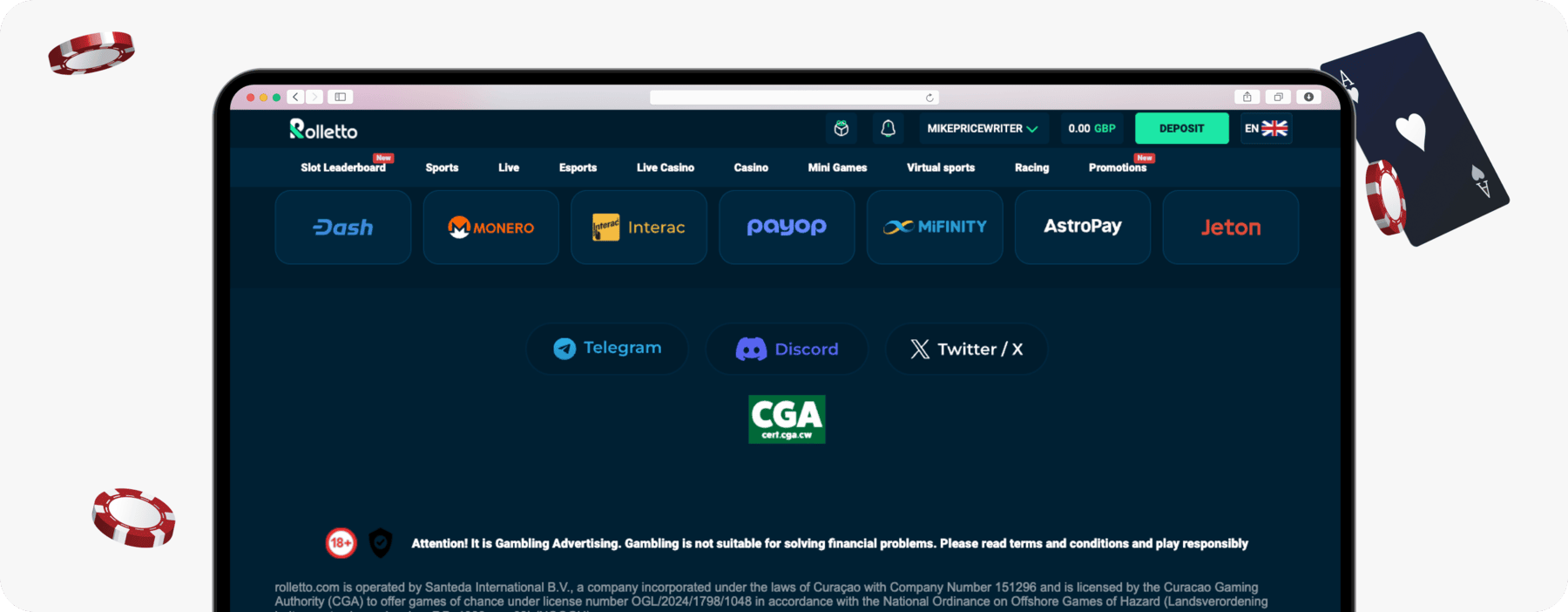 screenshot of rolletto website footer