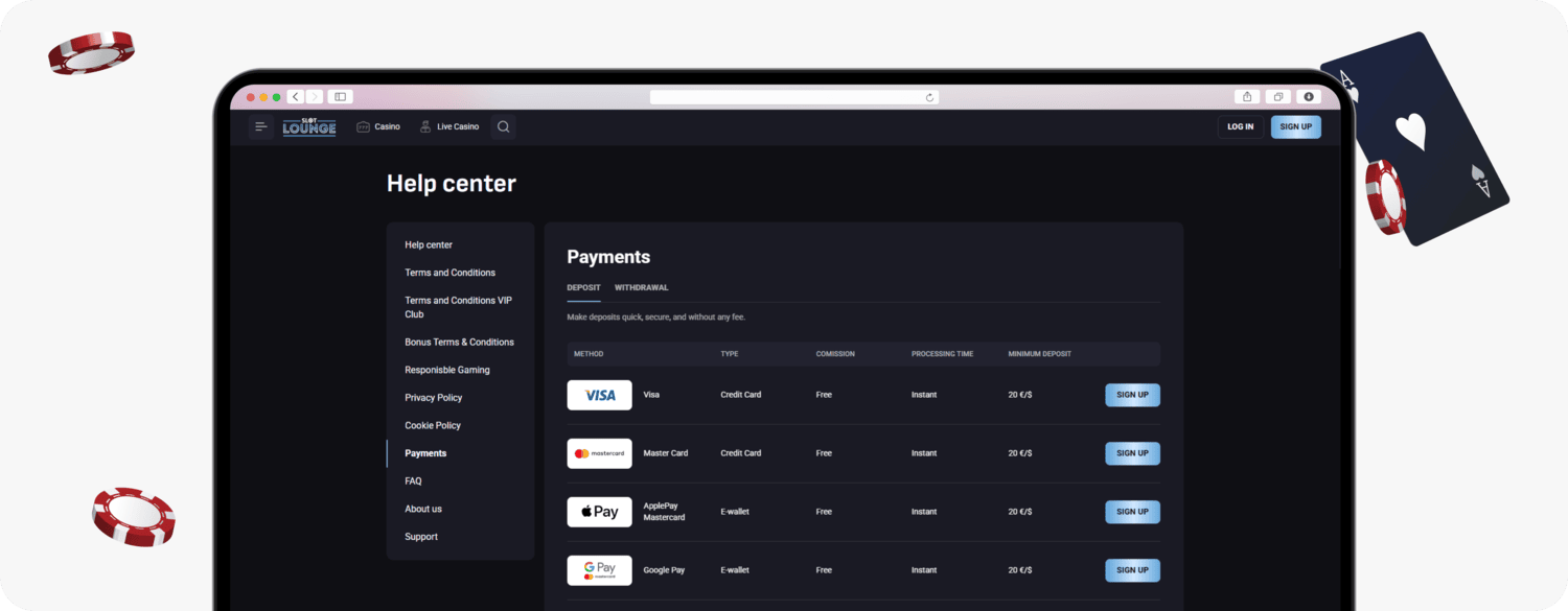 screenshot of slot lounge deposit methods