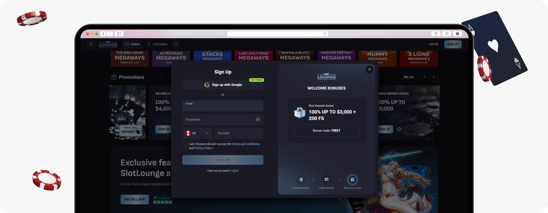 screenshot of slotlounge sign up form