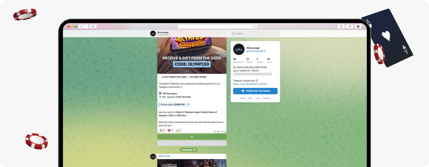 screenshot of slotlounge 150 free spins offer on telegram channel