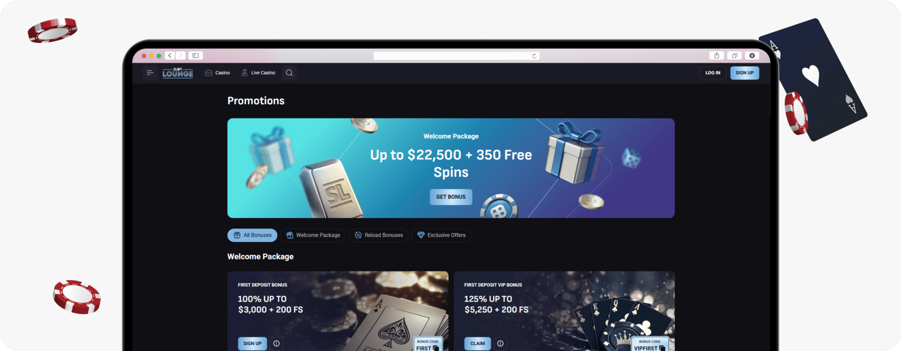 screenshot of slotlounge promotions page showing welcome package