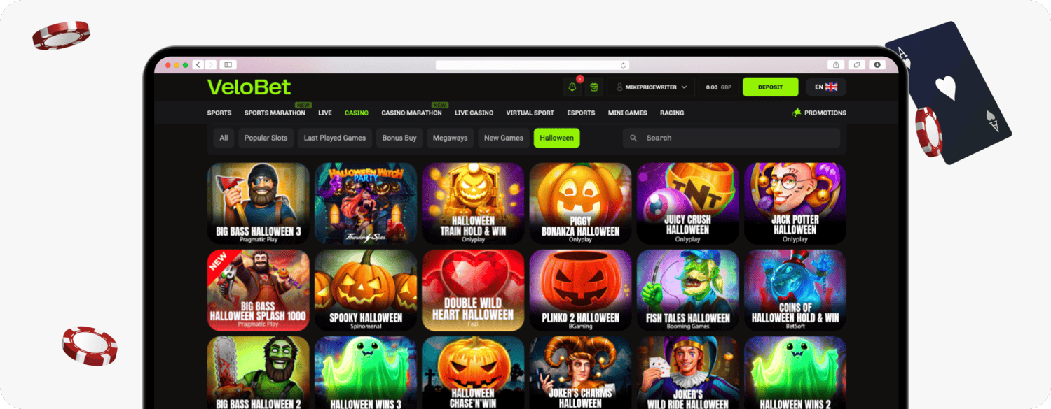 screenshot of velobet halloween casino games