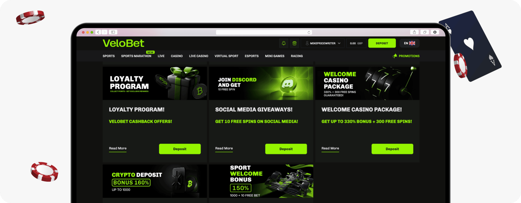 screenshot of velobet promotions page showing welcome bonuses