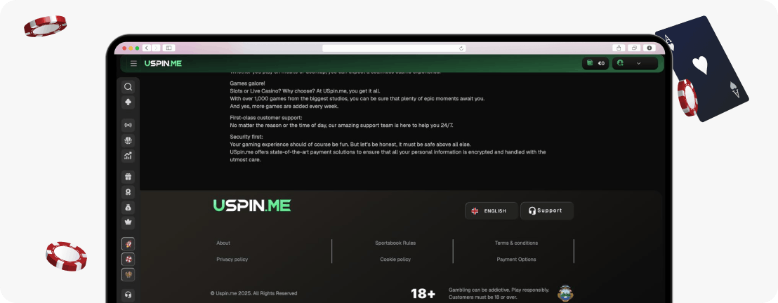 USpin.me Casino website footer