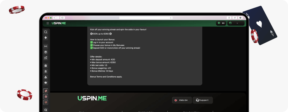 USpin.me Casino sportsbook bonus