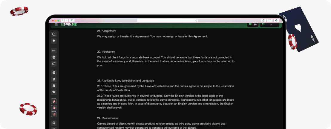 USpin.me Casino licence rules
