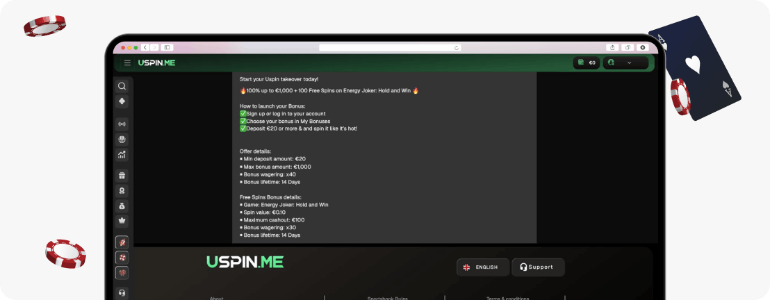 USpin.me Casino welcome bonus terms