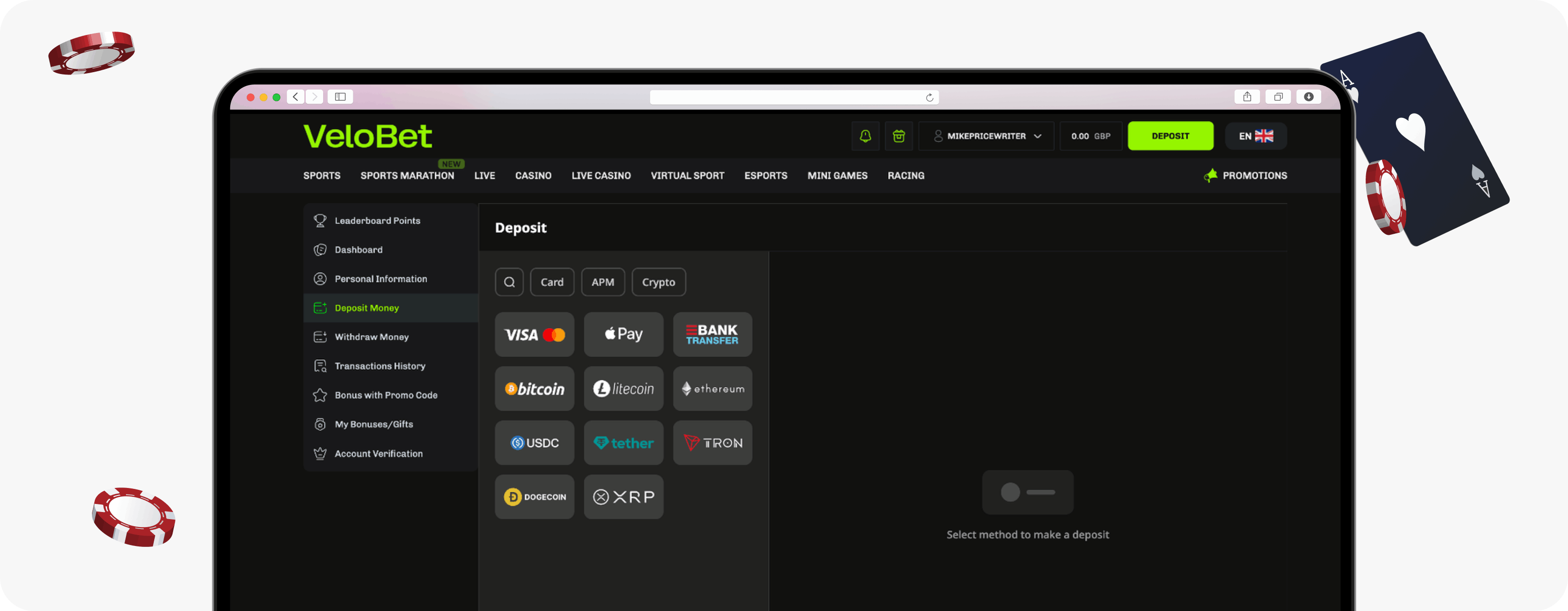 Velobet Casino deposit section